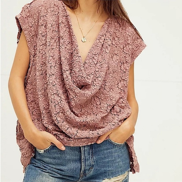 NWT FREE PEOPLE~Samantha Lace Muscle Tee Cowl Neck Sleeveless Oversized Fit Sz S - Picture 11 of 11